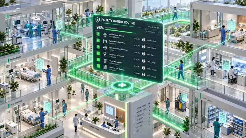 Healthcare facility operational model showing procedure room turnover and sanitization routines