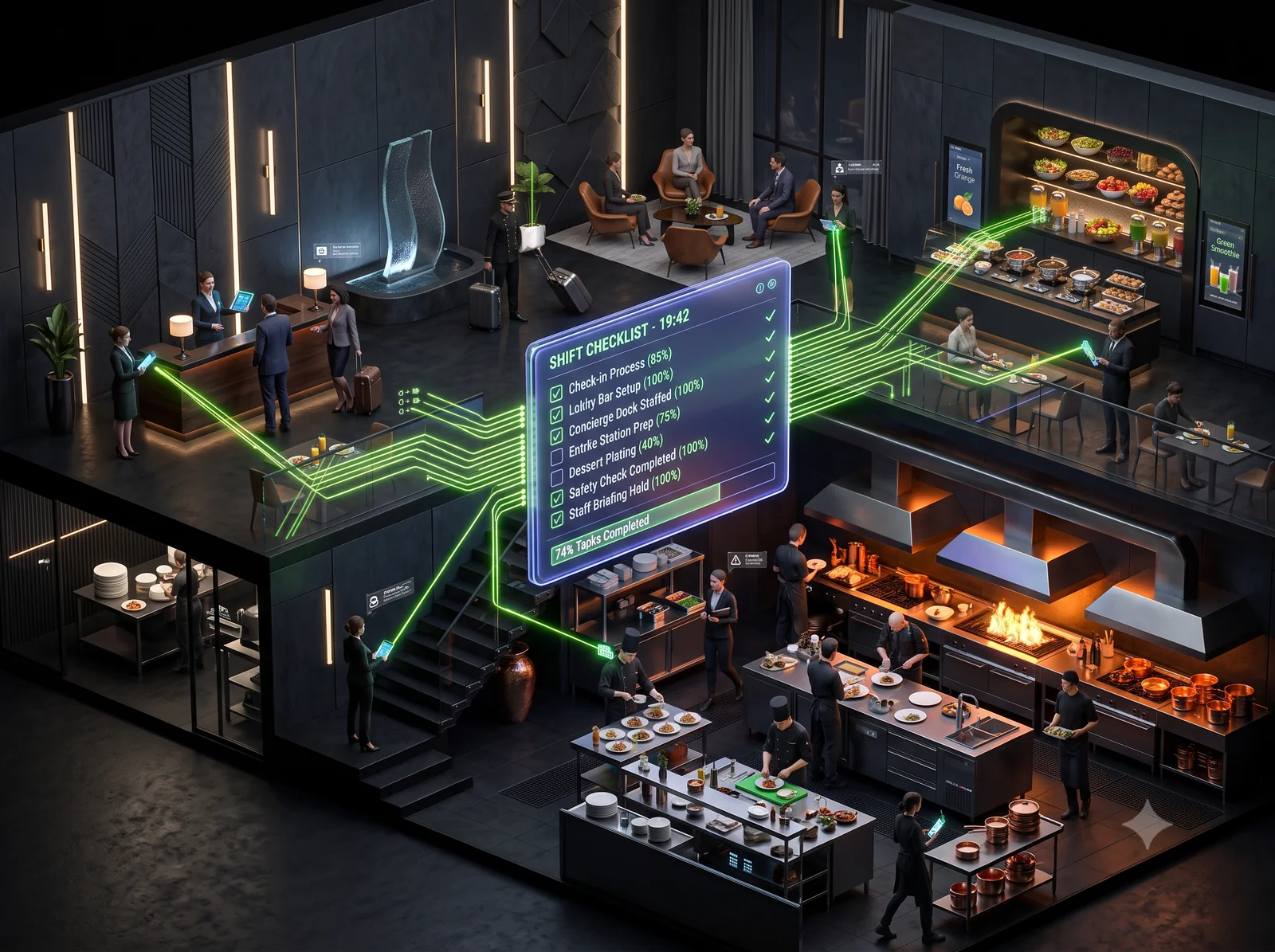 Isometric hospitality resort environment with kitchen checklists and guestroom turnover workflows
