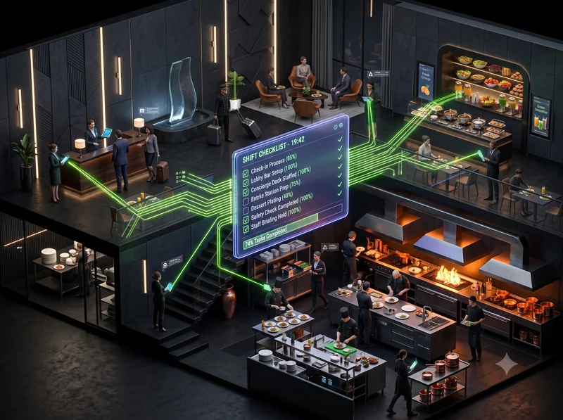 Isometric hospitality resort environment with kitchen checklists and guestroom turnover workflows