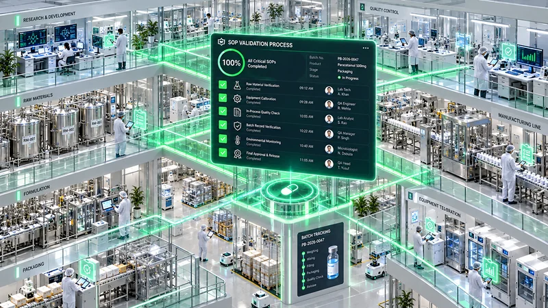 Pharmaceutical production facility showing controlled cleanroom workflows and supervisor signoffs